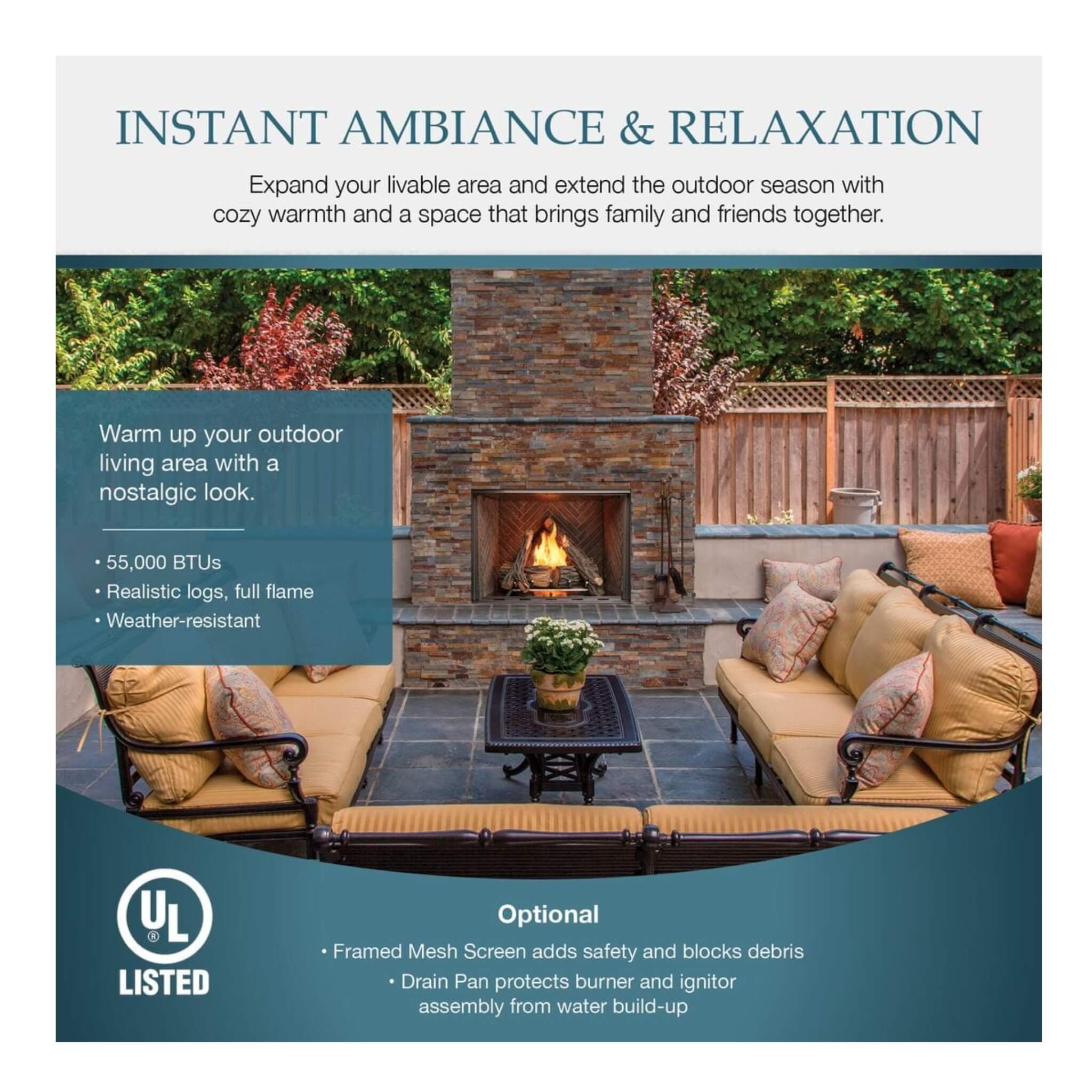 Courtyard 55K BTU 36-Inch Traditional Outdoor Natural Gas Fireplace (No Refractory) [ODCOUG-36NR]