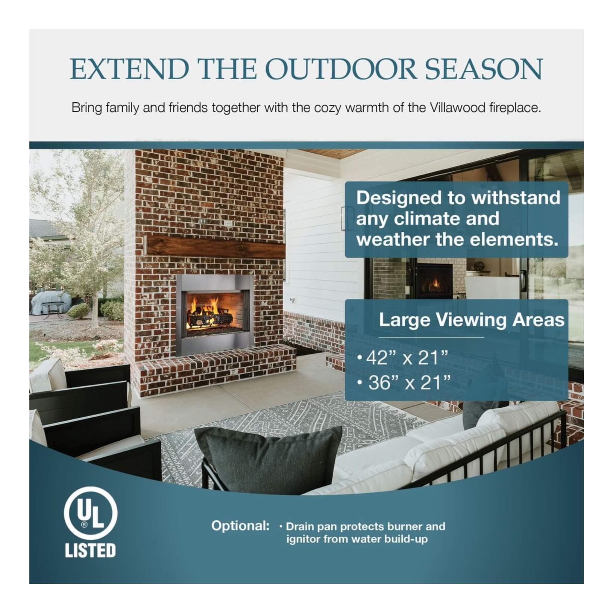 Villawood 42-Inch Traditional Refractory Outdoor Wood Burning Fireplace [ODVILLA-42T-B]
