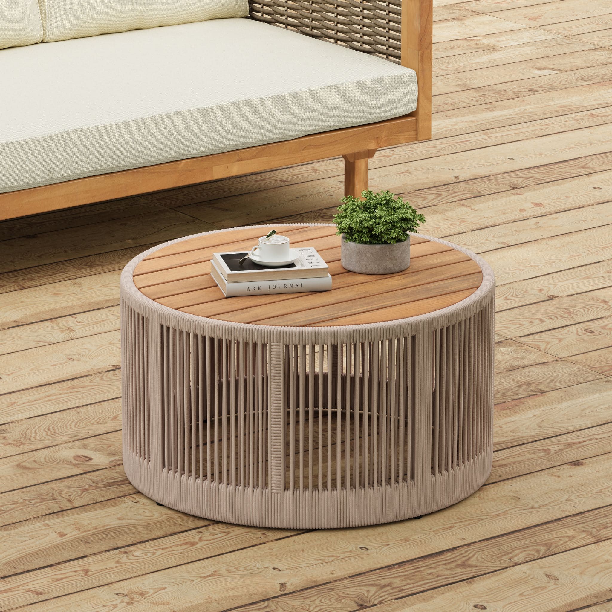 Modern Rustic Coffee Table & Side Table with Woven Rope Design