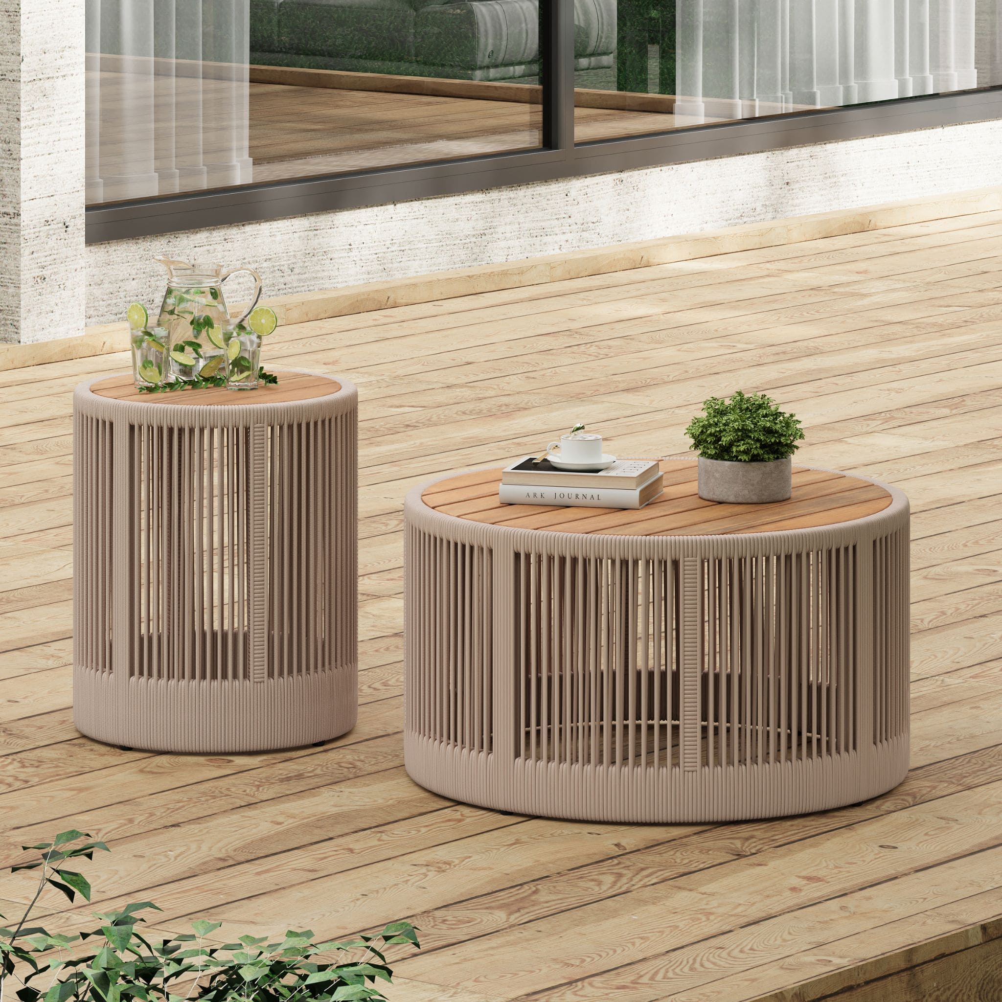Modern Rustic Coffee Table & Side Table with Woven Rope Design