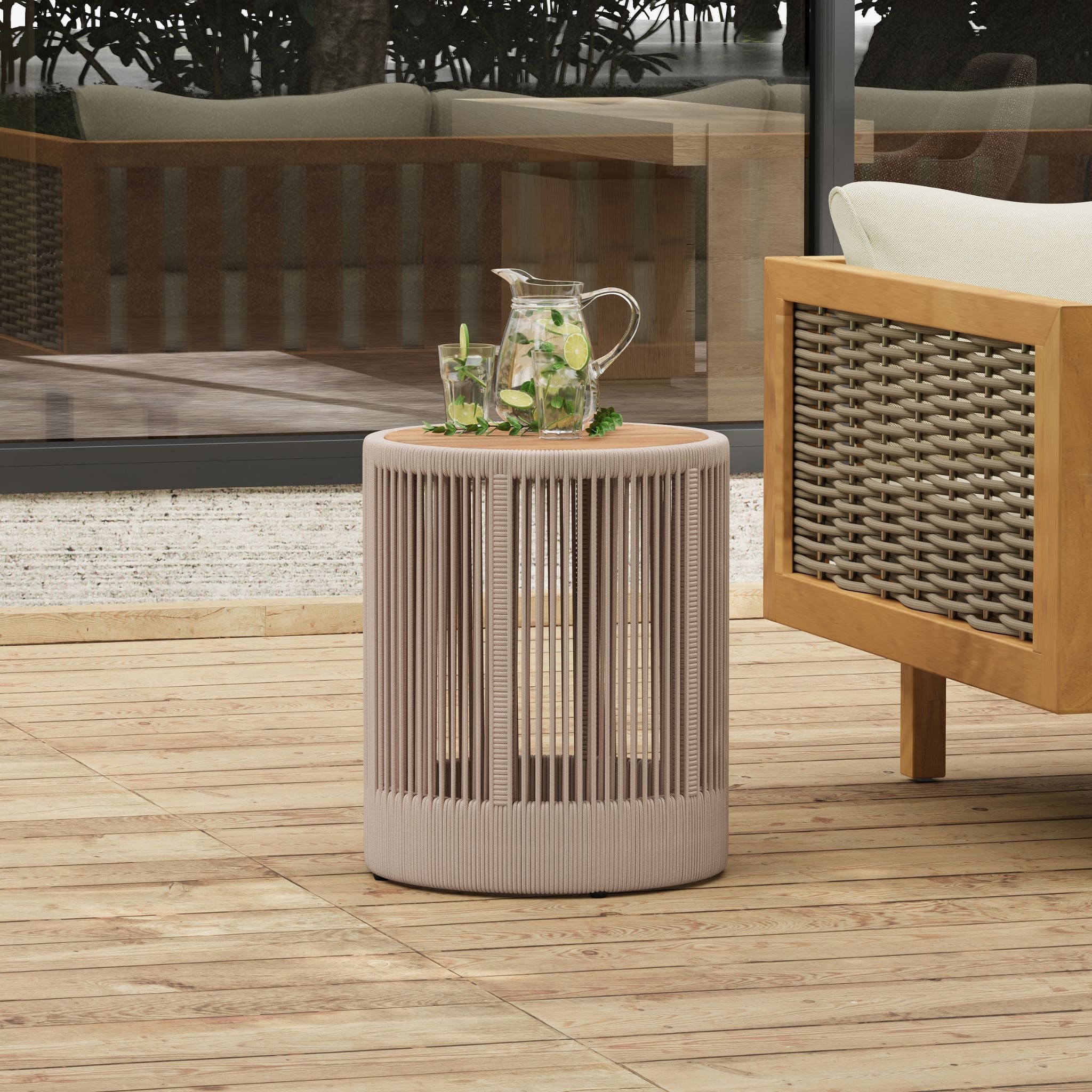 Modern Rustic Coffee Table & Side Table with Woven Rope Design