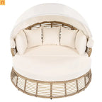 Chaise Lounge PE Rattan Iron Beige Canopy Round Daybed 800 LB
