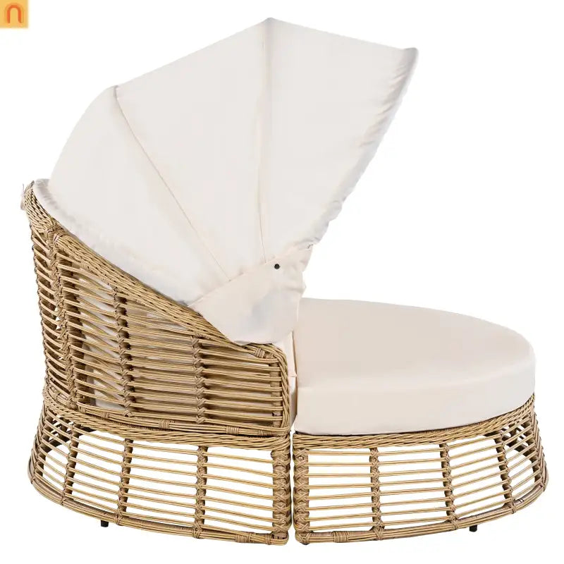 Chaise Lounge PE Rattan Iron Beige Canopy Round Daybed 800 LB