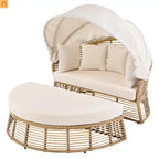 Chaise Lounge PE Rattan Iron Beige Canopy Round Daybed 800 LB