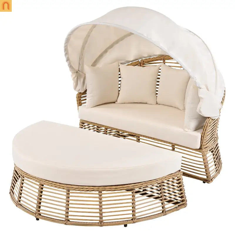 Chaise Lounge PE Rattan Iron Beige Canopy Round Daybed 800 LB