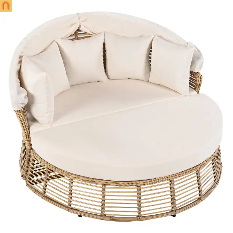 Chaise Lounge PE Rattan Iron Beige Canopy Round Daybed 800 LB
