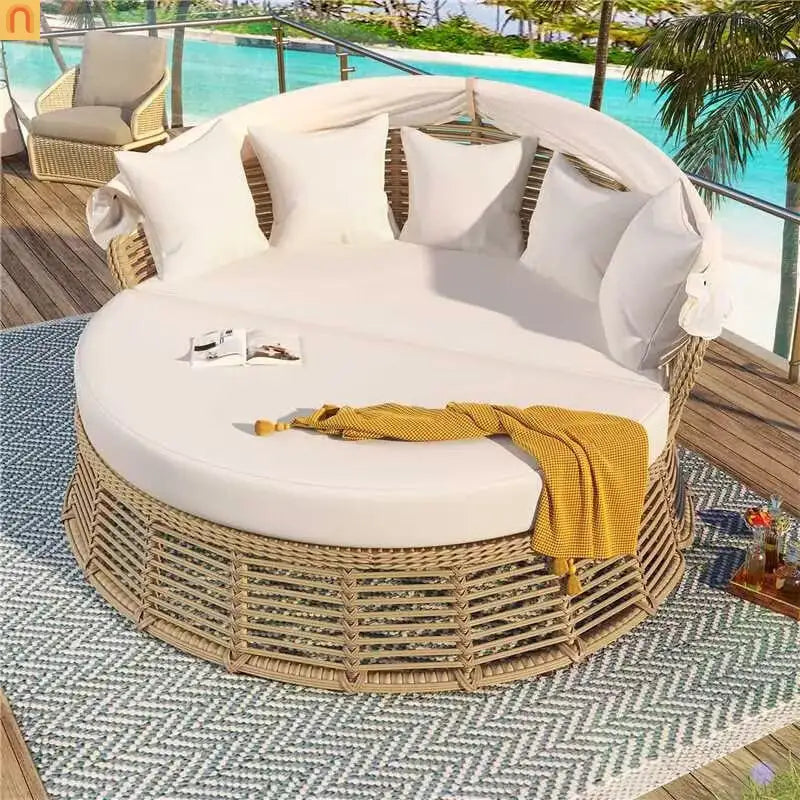 Chaise Lounge PE Rattan Iron Beige Canopy Round Daybed 800 LB