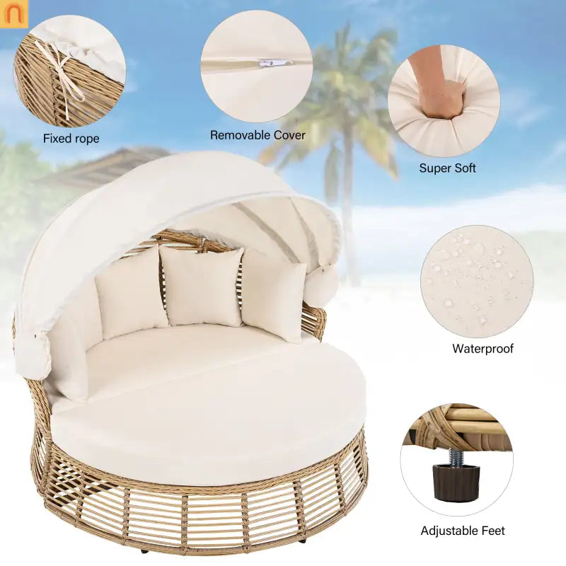 Chaise Lounge PE Rattan Iron Beige Canopy Round Daybed 800 LB