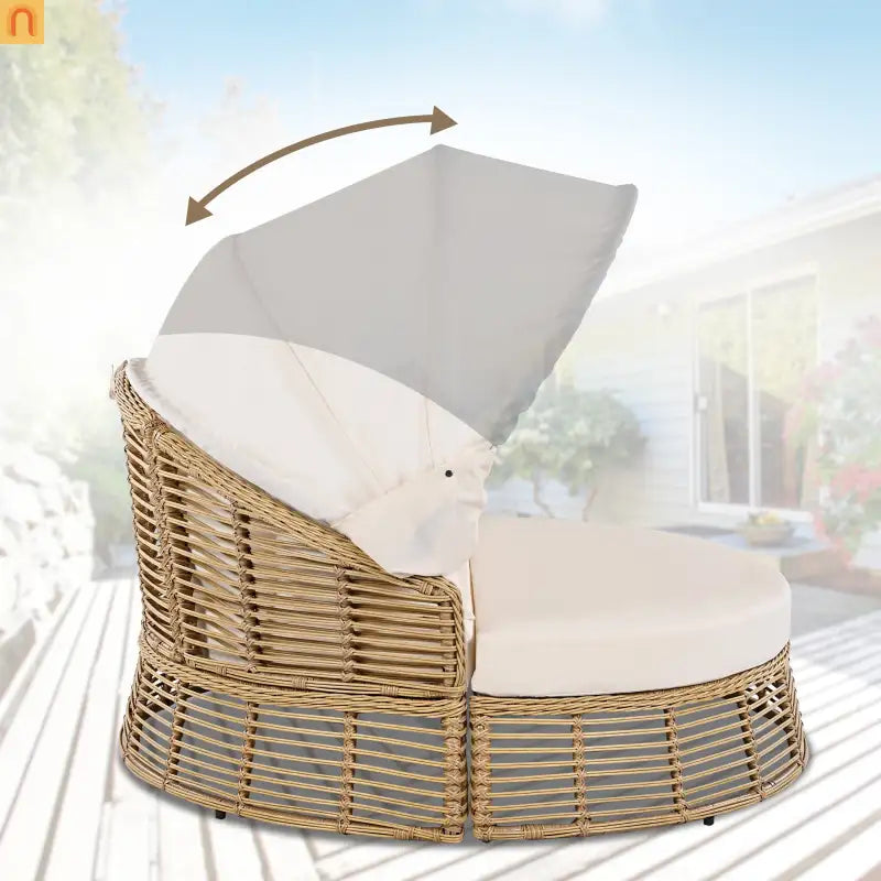 Chaise Lounge PE Rattan Iron Beige Canopy Round Daybed 800 LB