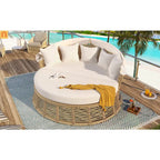 Chaise Lounge PE Rattan Iron Beige Canopy Round Daybed 800 LB
