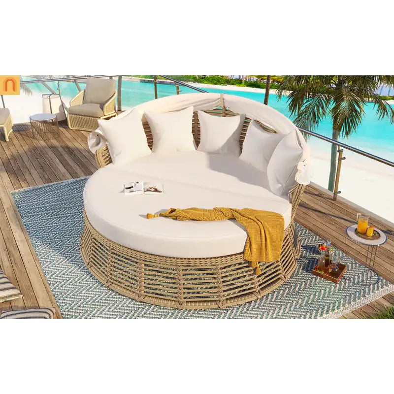 Chaise Lounge PE Rattan Iron Beige Canopy Round Daybed 800 LB