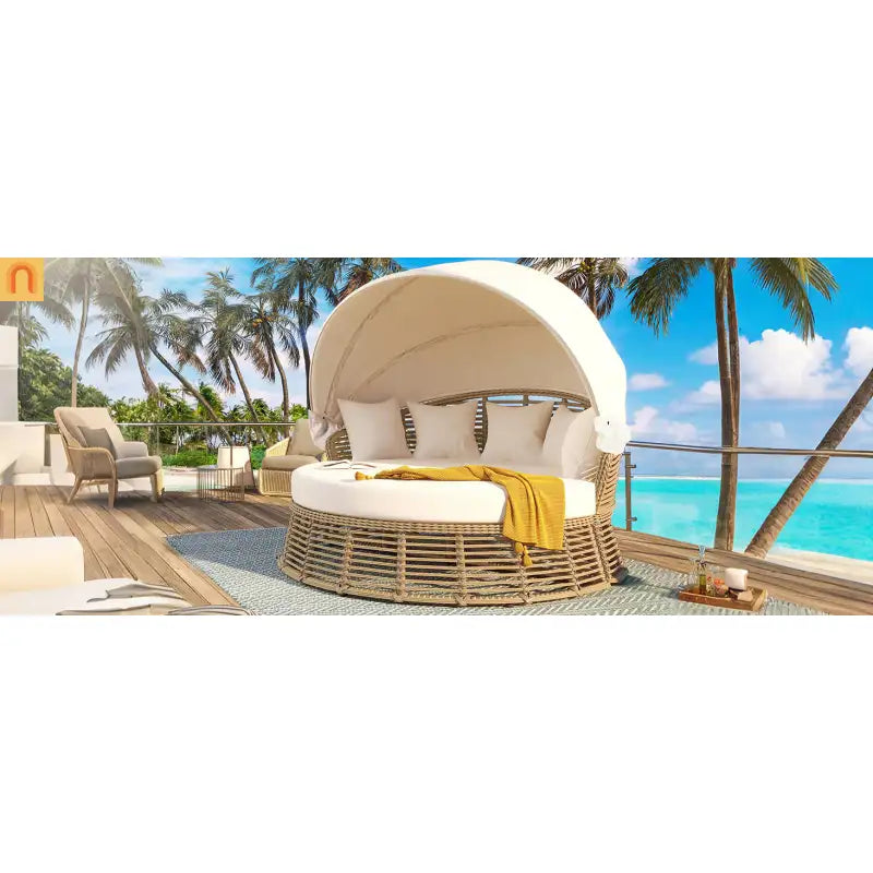 Chaise Lounge PE Rattan Iron Beige Canopy Round Daybed 800 LB