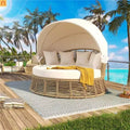 Chaise Lounge PE Rattan Iron Beige Canopy Round Daybed 800 LB