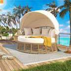 Chaise Lounge PE Rattan Iron Beige Canopy Round Daybed 800 LB
