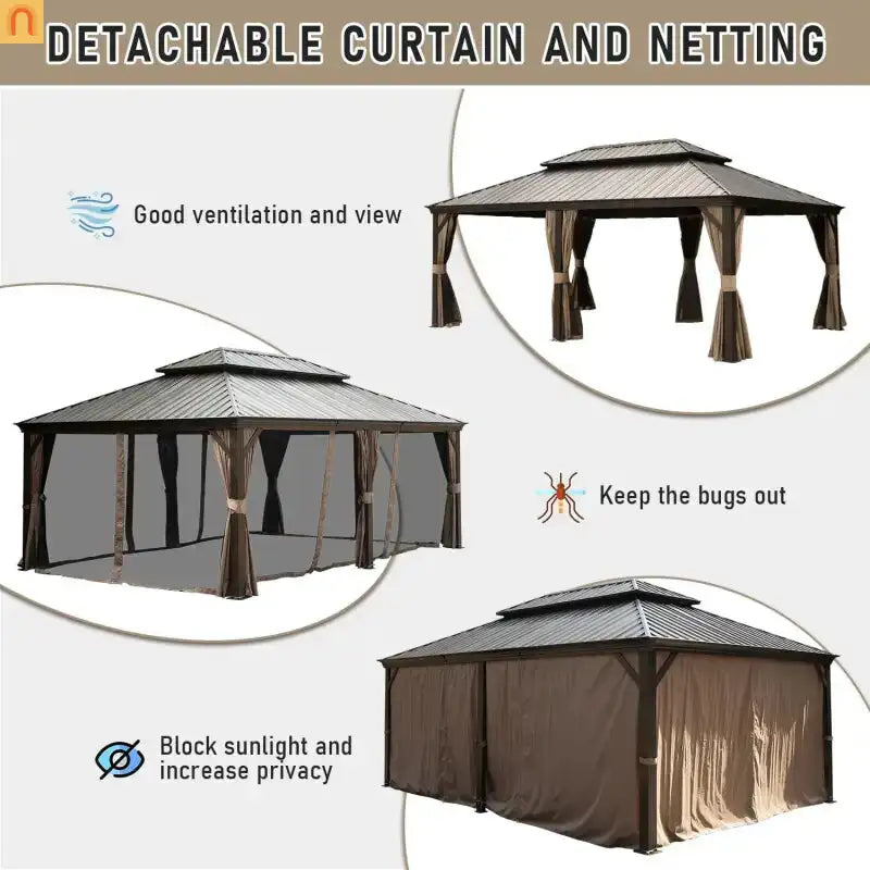 Hardtop Gazebo Aluminum Brown 14 x 22ft Galvanized Steel Double Canopy