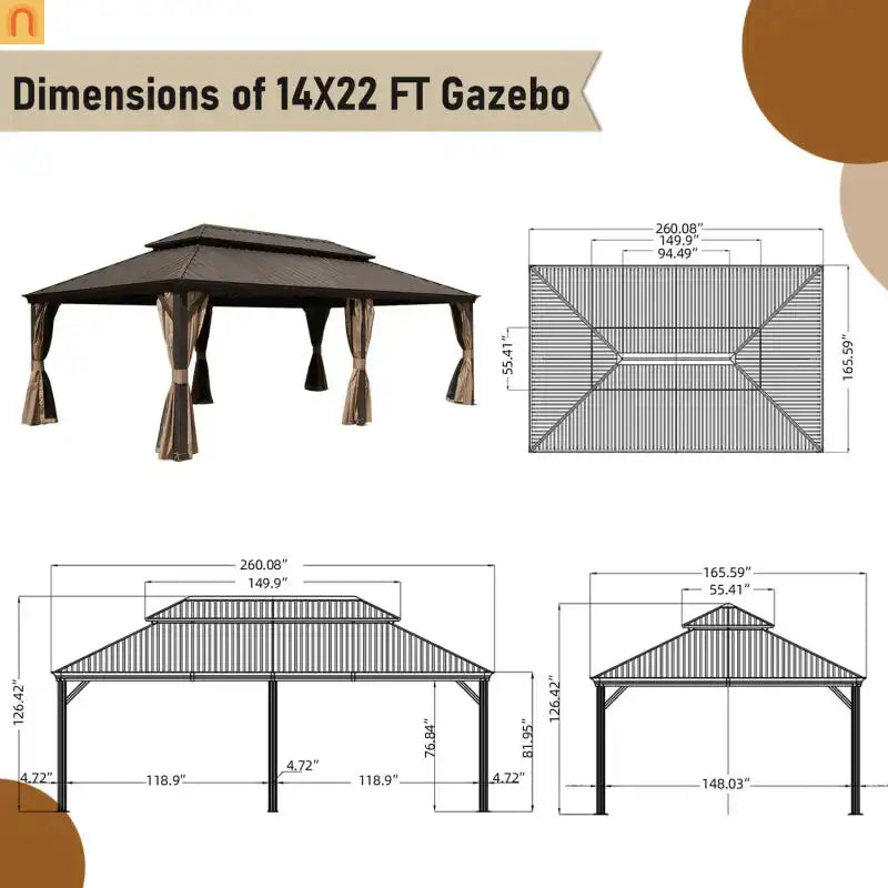 Hardtop Gazebo Aluminum Brown 14 x 22ft Galvanized Steel Double Canopy