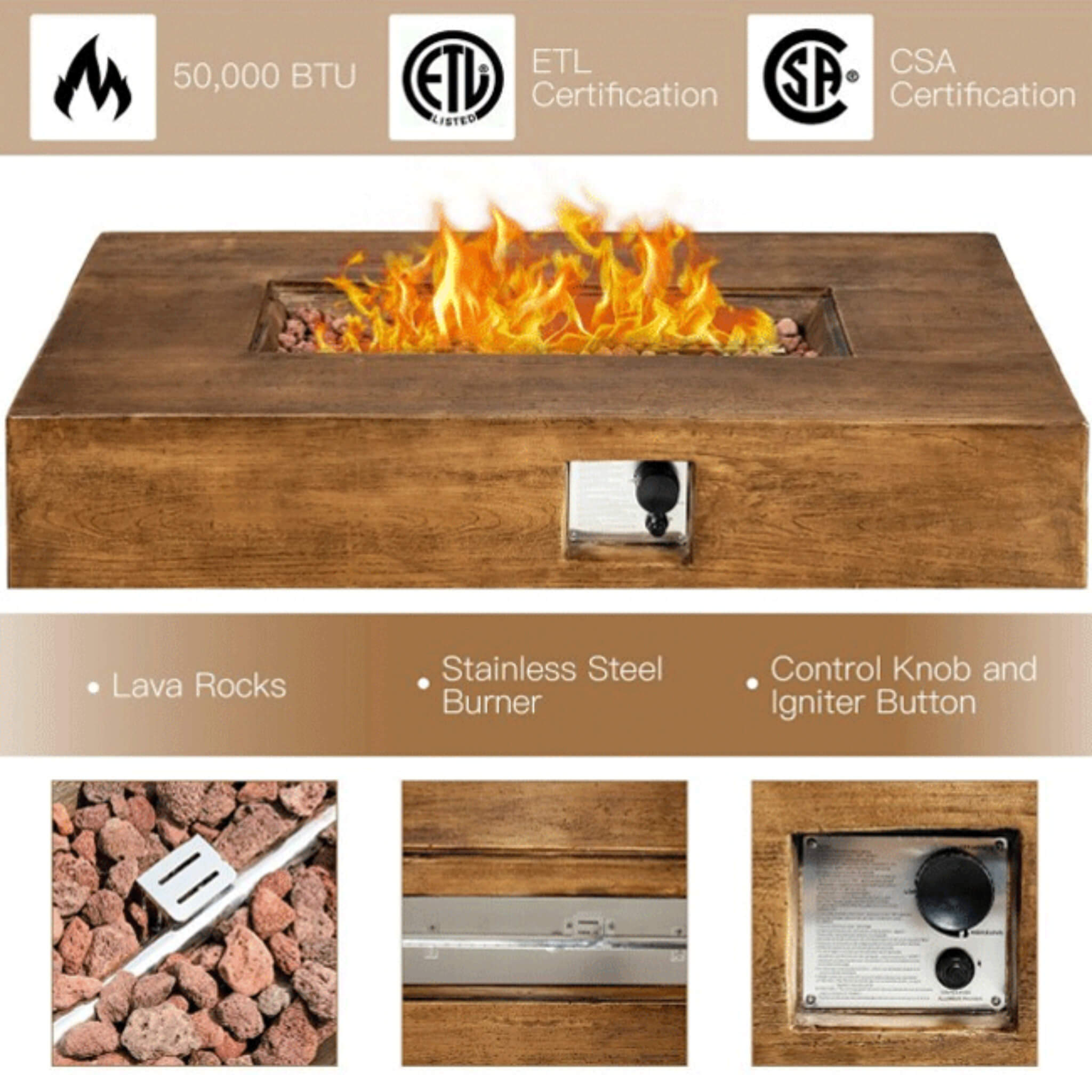 Outdoor Propane Gas Fire Table W/ Lava Rocks & Cover, 50K BTU