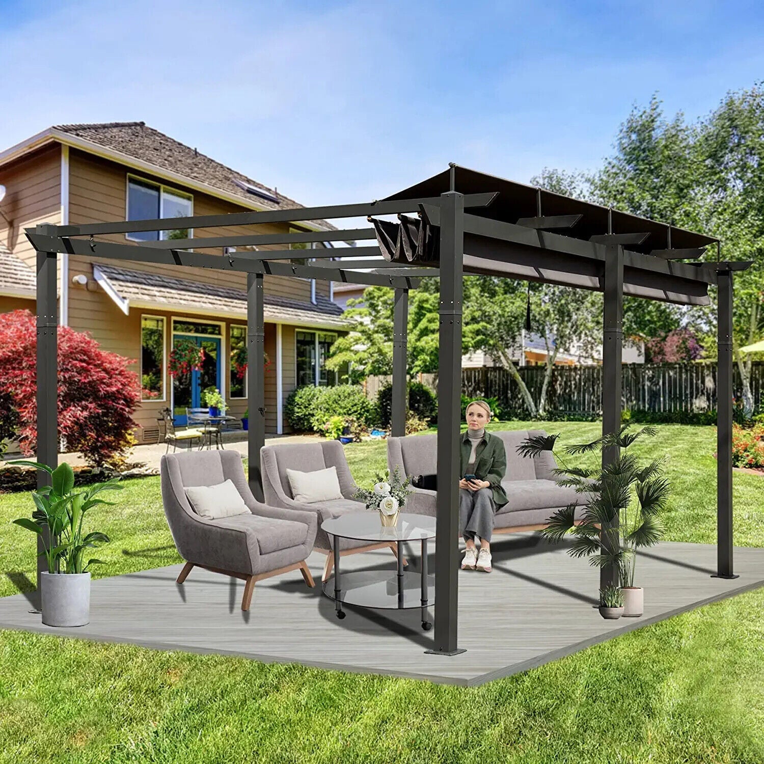 11 X 16 FT Outdoor Retractable Backyard Aluminum Metal Pergola Gazebo with Roof