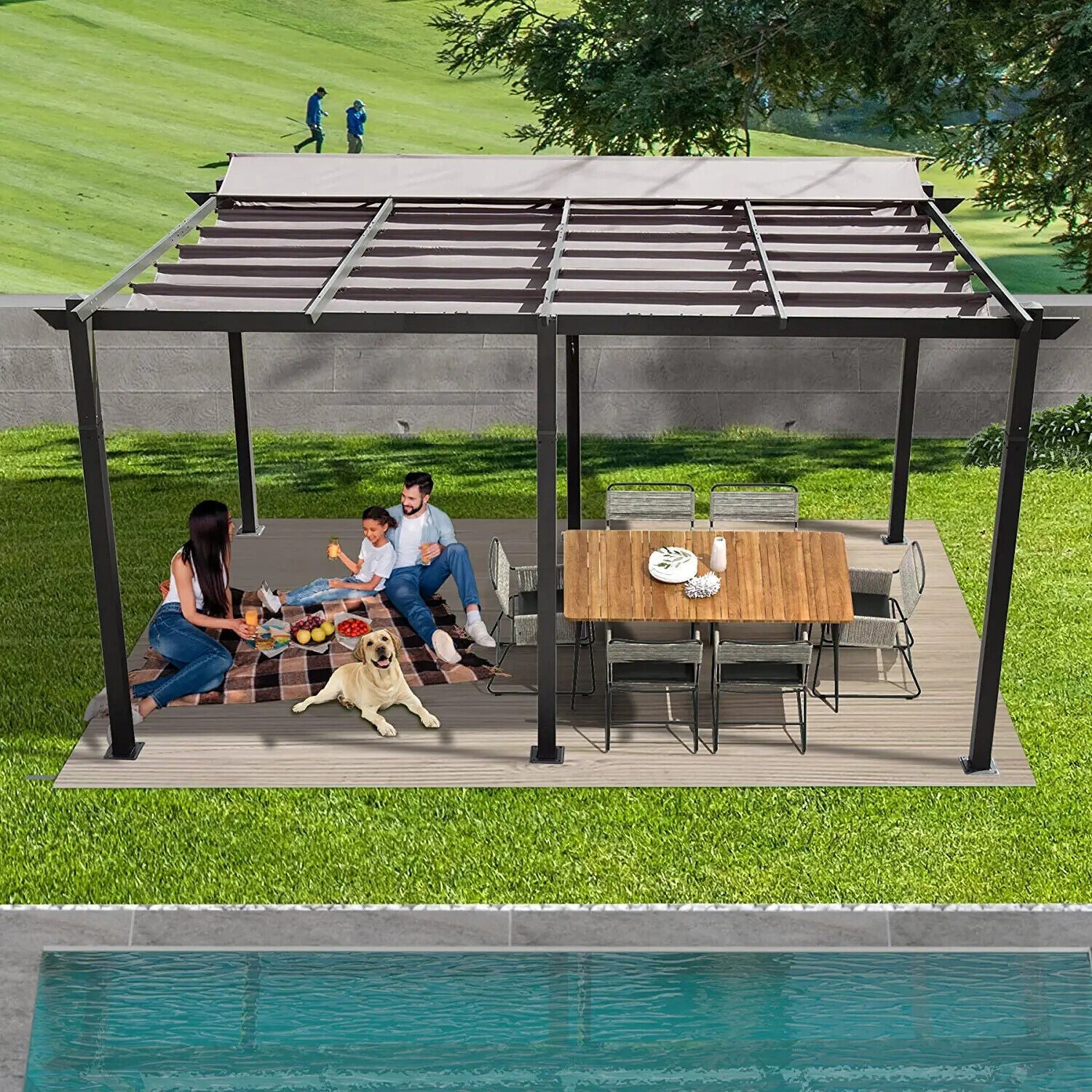 11 X 16 FT Outdoor Retractable Backyard Aluminum Metal Pergola Gazebo with Roof