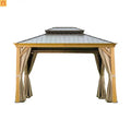 Hardtop Gazebo Wood Grain Aluminum 10 x 14 ft Steel Canopy Curtains