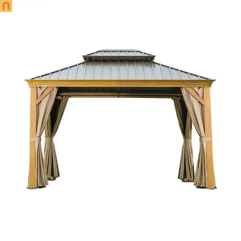 Hardtop Gazebo Wood Grain Aluminum 10 x 14 ft Steel Canopy Curtains