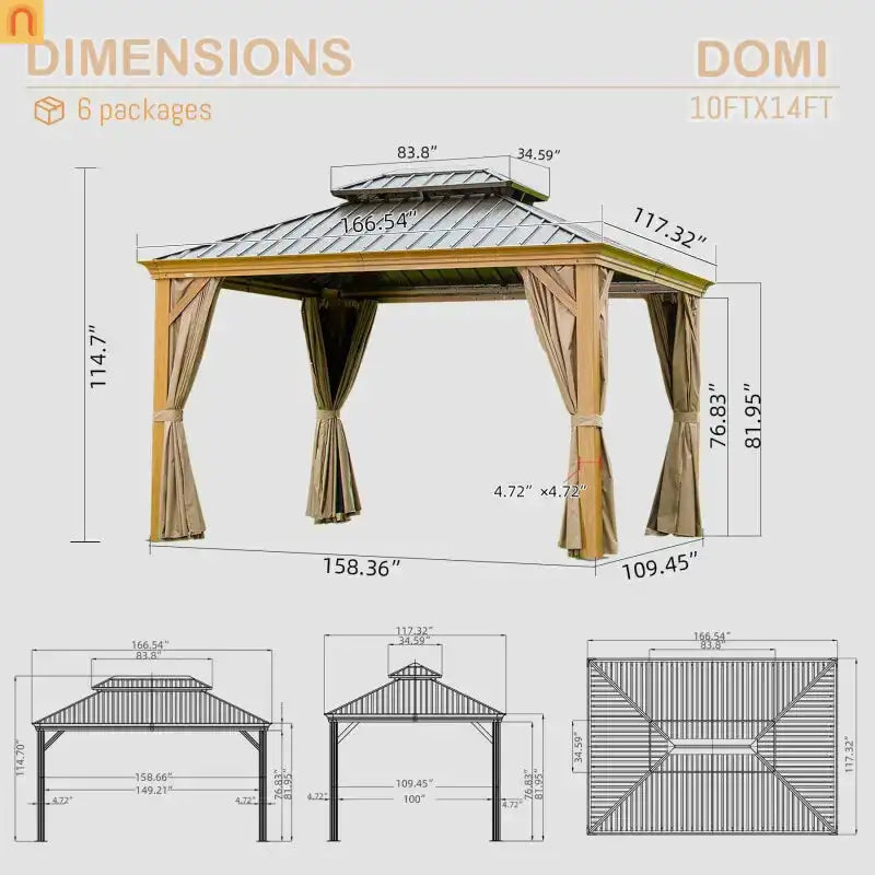 Hardtop Gazebo Wood Grain Aluminum 10 x 14 ft Steel Canopy Curtains