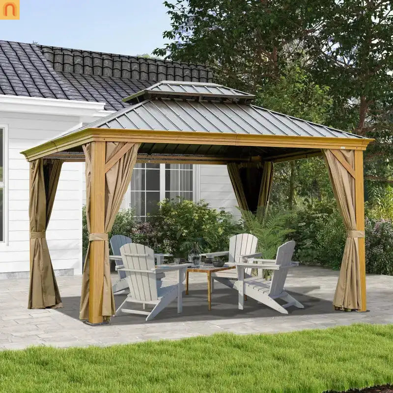 Hardtop Gazebo Wood Grain Aluminum 10 x 14 ft Steel Canopy Curtains