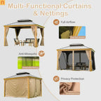 Hardtop Gazebo Wood Grain Aluminum 10 x 14 ft Steel Canopy Curtains