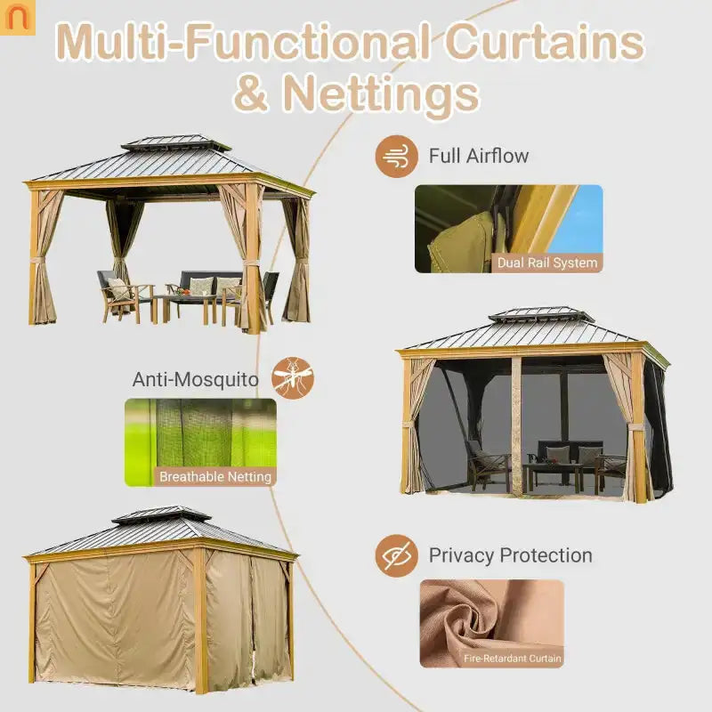 Hardtop Gazebo Wood Grain Aluminum 10 x 14 ft Steel Canopy Curtains