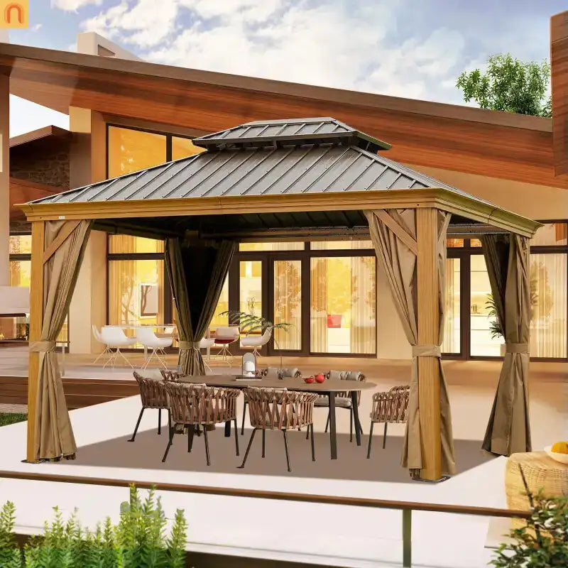 Hardtop Gazebo Wood Grain Aluminum 10 x 14 ft Steel Canopy Curtains