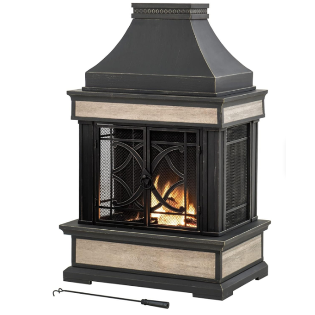Outdoor Fireplace, Stone Look Tile Wood Burning Steel Fireplace with Chimney, and Removable Grate