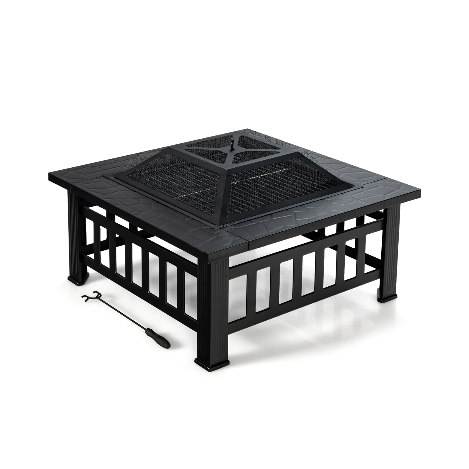 32 Inch 3 in 1 Outdoor Square Fire Pit Table with BBQ Grill and Rain Cover