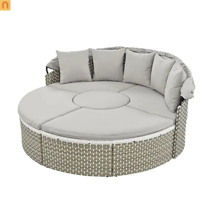 Outdoor Round Sectional Set Rattan Gray Retractable Canopy