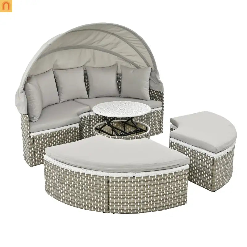 Outdoor Round Sectional Set Rattan Gray Retractable Canopy