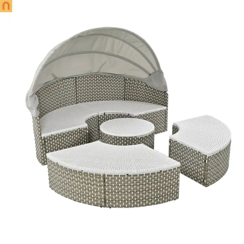 Outdoor Round Sectional Set Rattan Gray Retractable Canopy