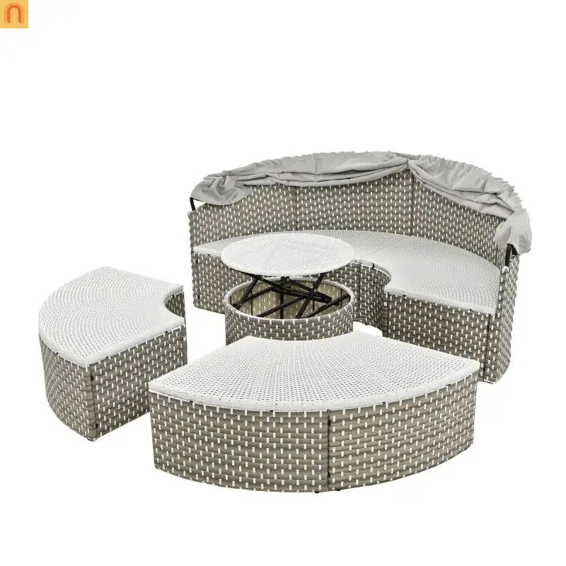 Outdoor Round Sectional Set Rattan Gray Retractable Canopy