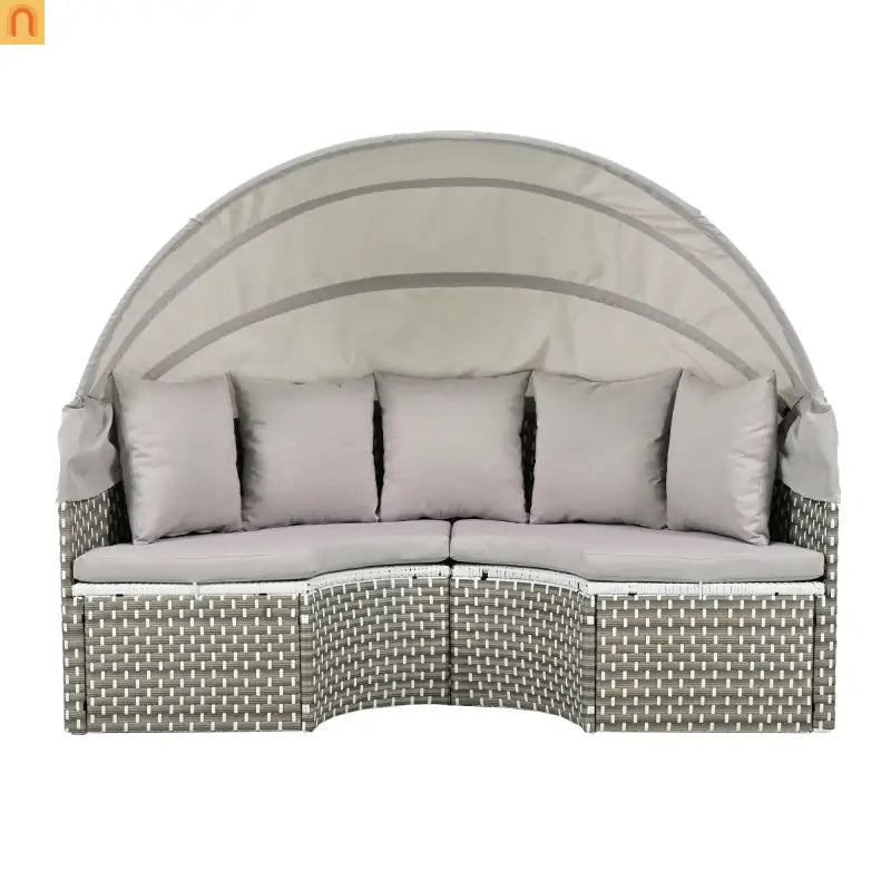 Outdoor Round Sectional Set Rattan Gray Retractable Canopy