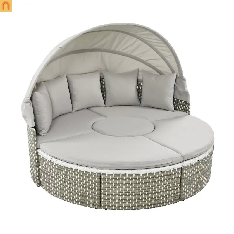Outdoor Round Sectional Set Rattan Gray Retractable Canopy