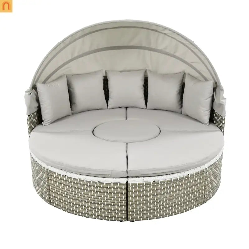 Outdoor Round Sectional Set Rattan Gray Retractable Canopy