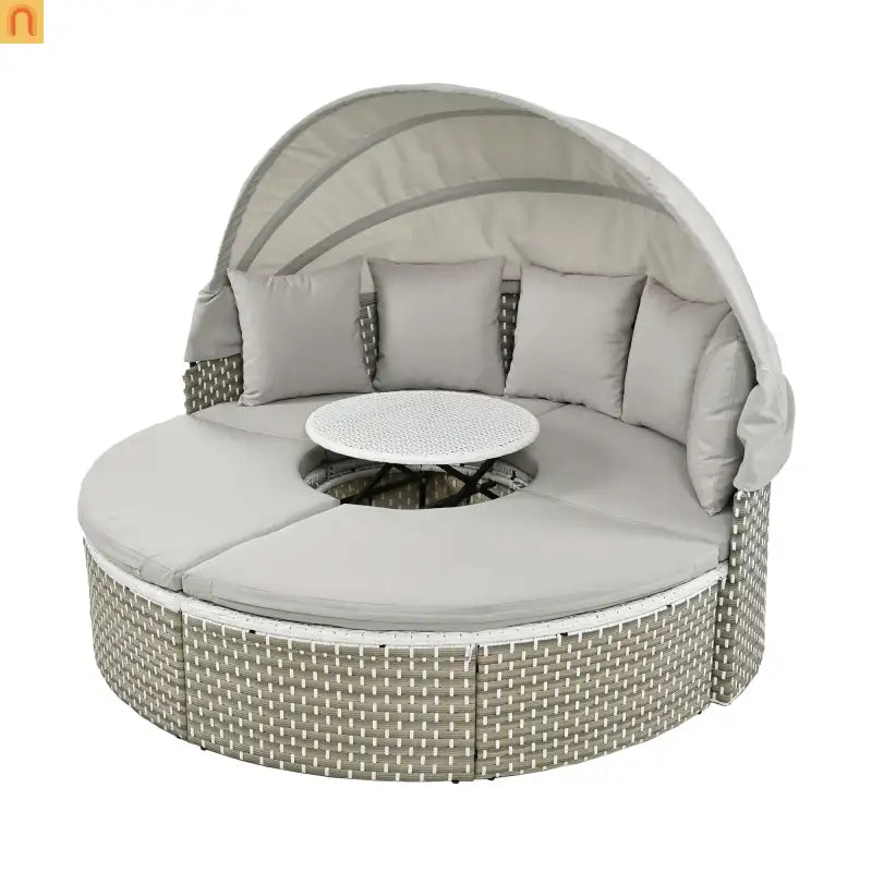 Outdoor Round Sectional Set Rattan Gray Retractable Canopy