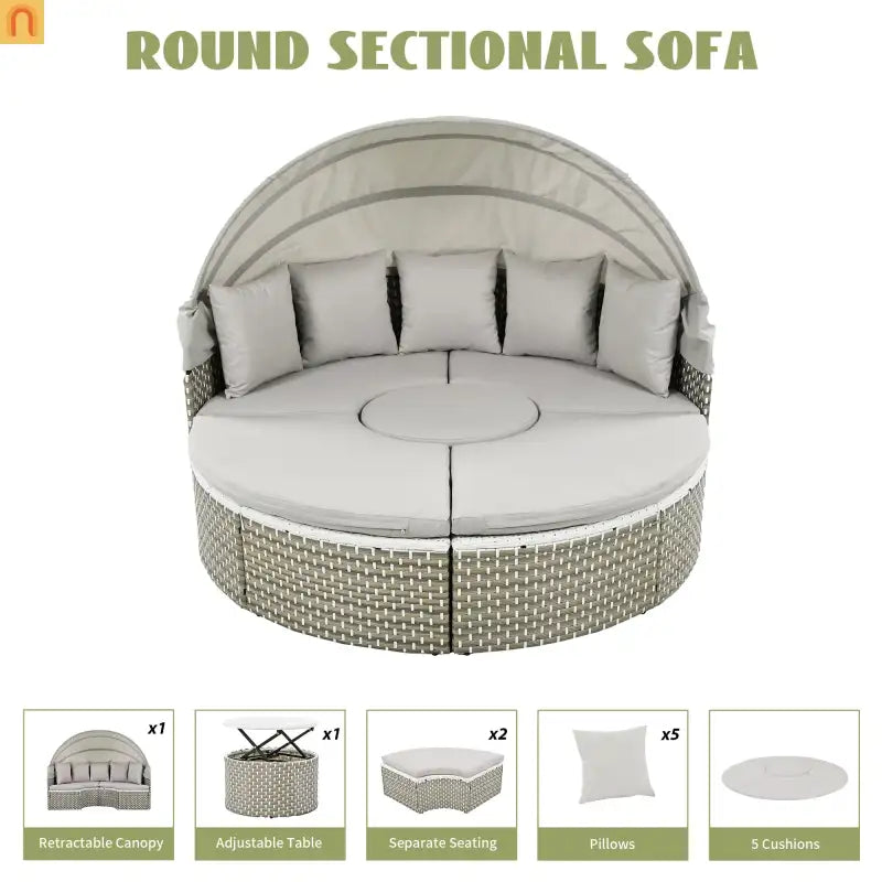 Outdoor Round Sectional Set Rattan Gray Retractable Canopy