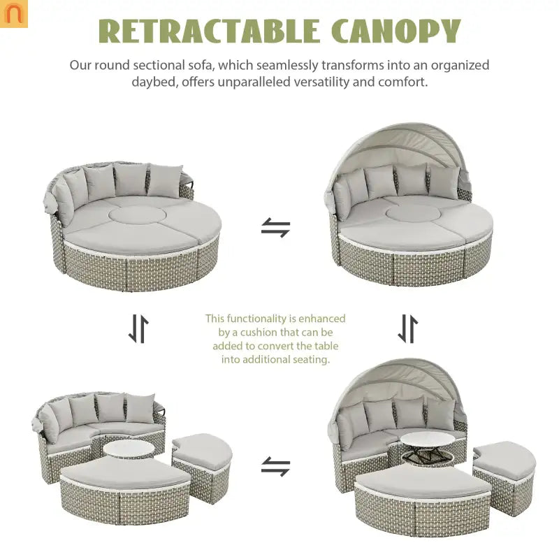 Outdoor Round Sectional Set Rattan Gray Retractable Canopy