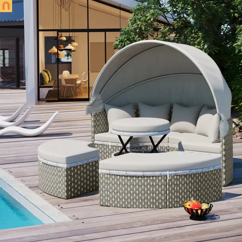 Outdoor Round Sectional Set Rattan Gray Retractable Canopy
