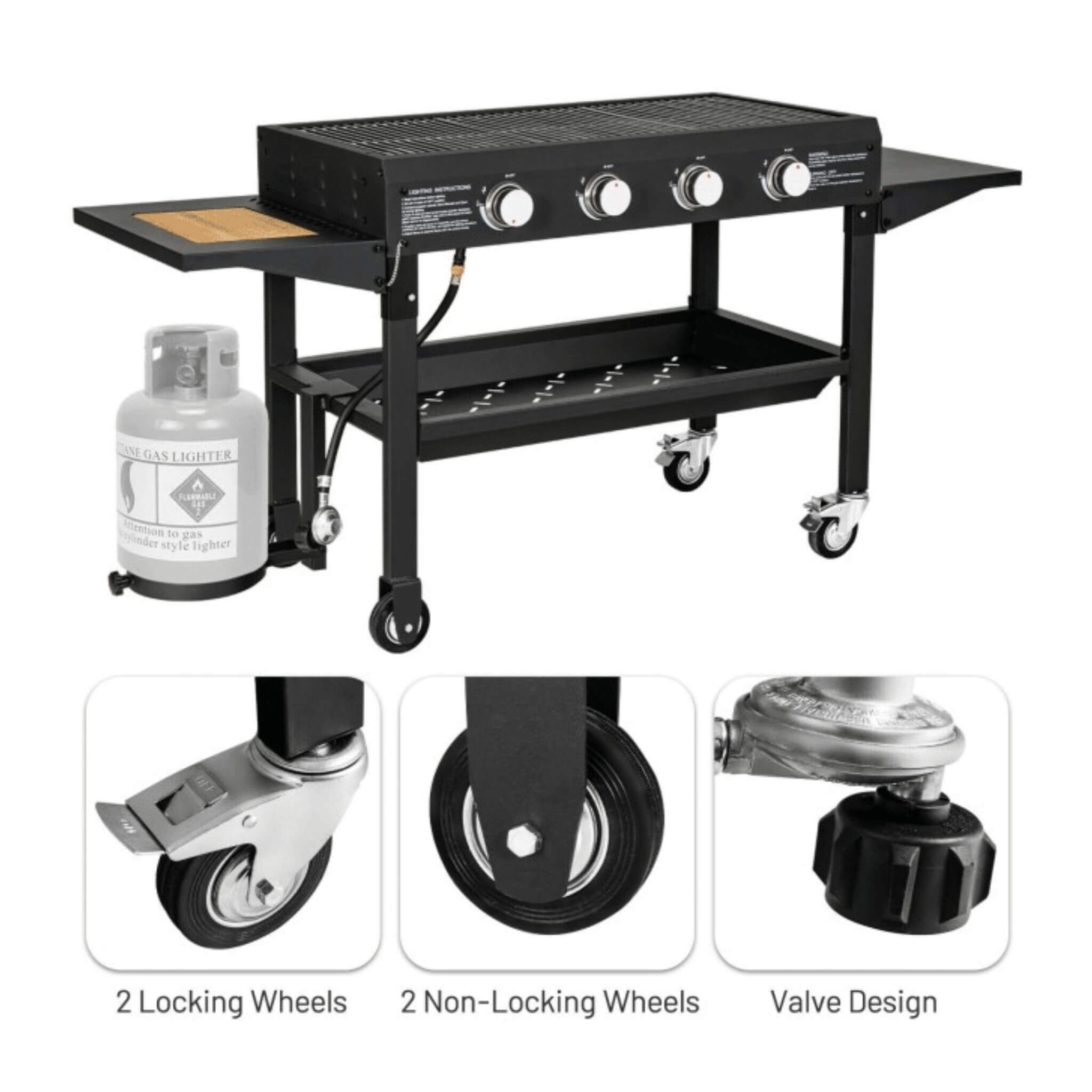 Portable Outdoor 4 Burner Propane Flat Top Gas Grill W/ Wheels, 60K BTU