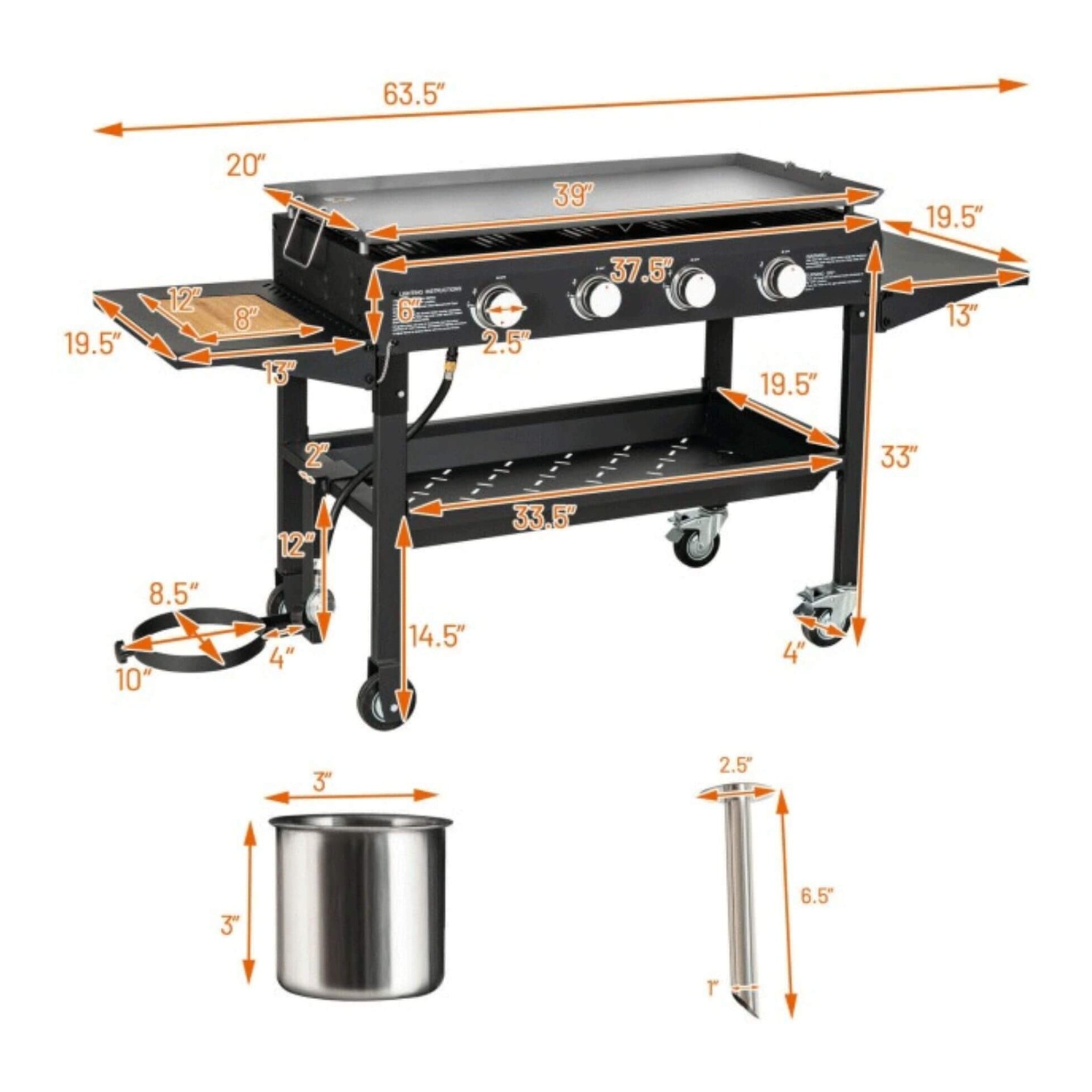 Portable Outdoor 4 Burner Propane Flat Top Gas Grill W/ Wheels, 60K BTU