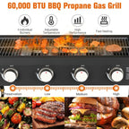 Portable Outdoor 4 Burner Propane Flat Top Gas Grill W/ Wheels, 60K BTU