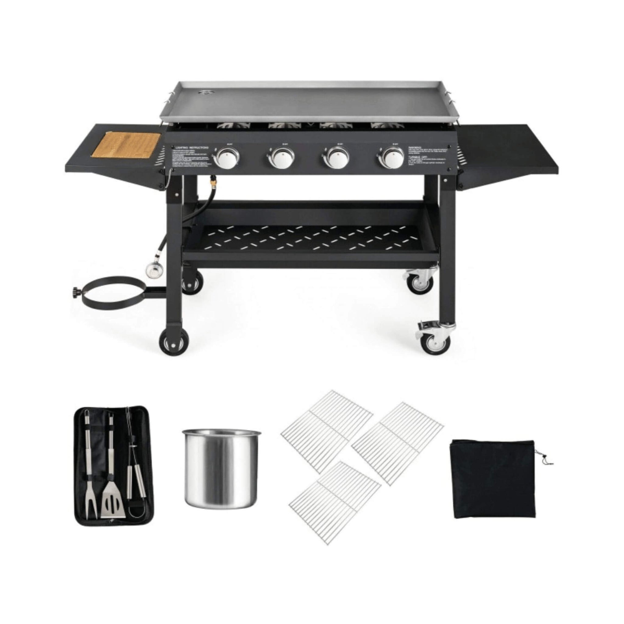 Portable Outdoor 4 Burner Propane Flat Top Gas Grill W/ Wheels, 60K BTU