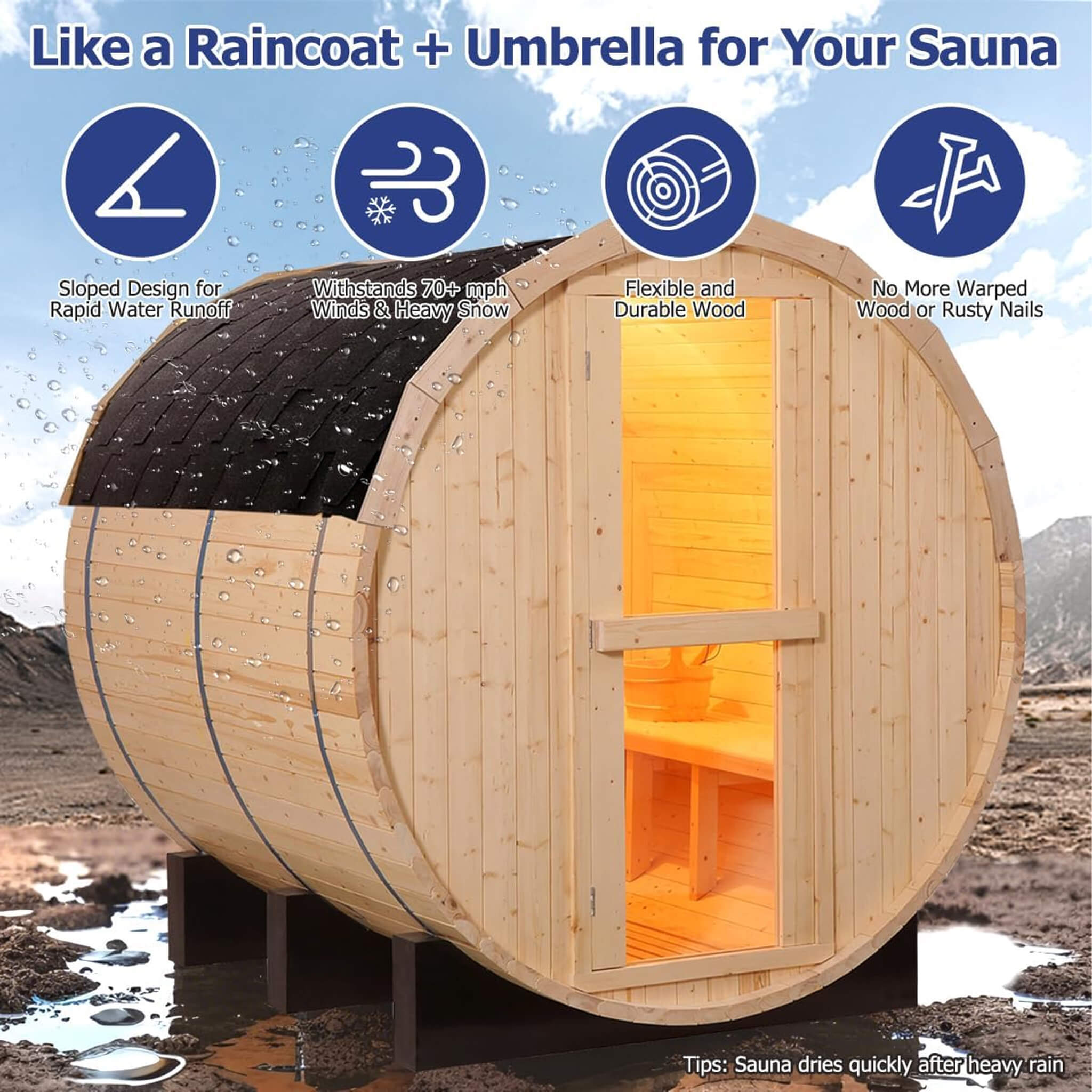 The Haven Premium All-Weather Outdoor Pinewood Barrel Sauna Kit With 4.5KW Heater And Tempered Glass Window