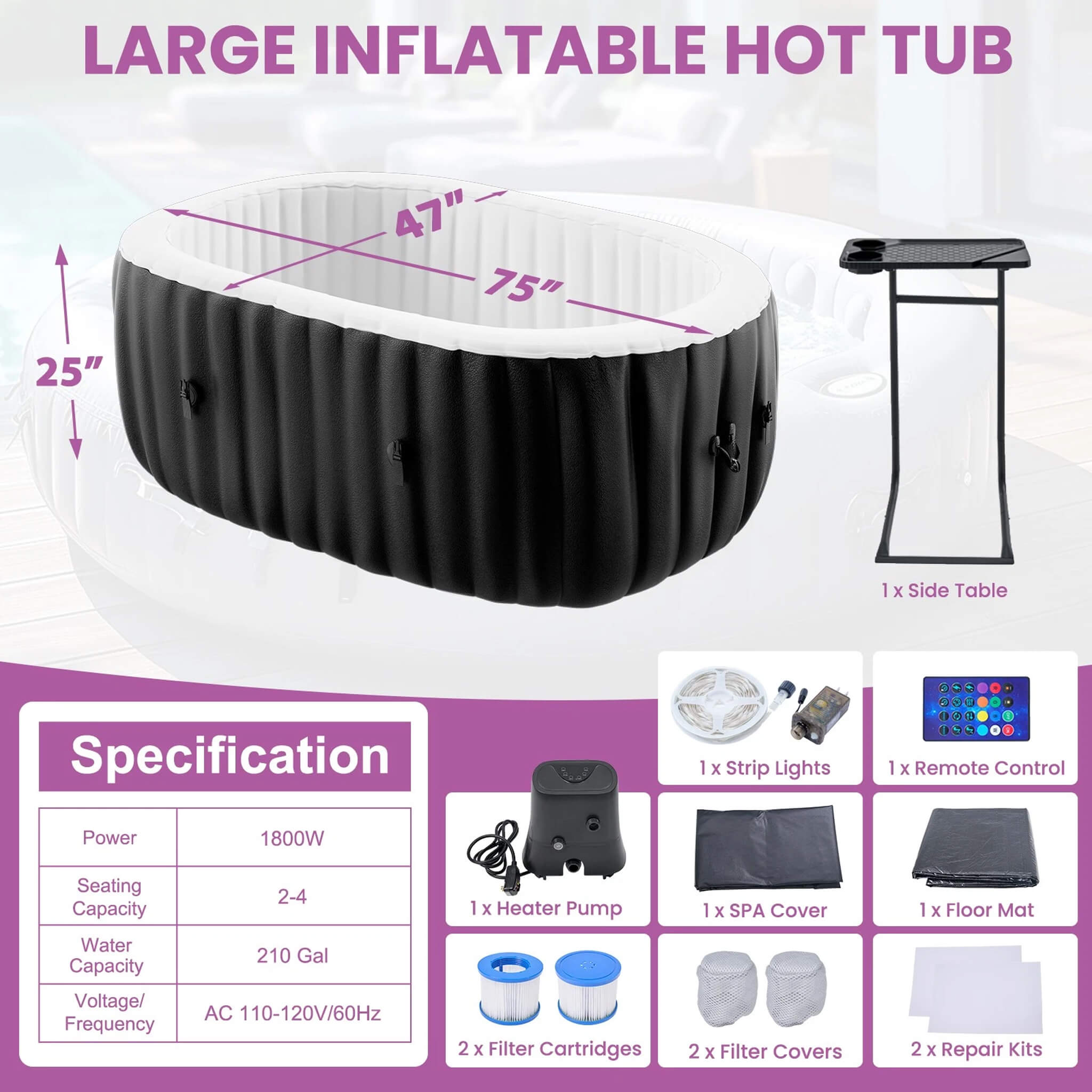 Premium 2-Person Inflatable Hot Tub Kit With 8-Color LED Lights
