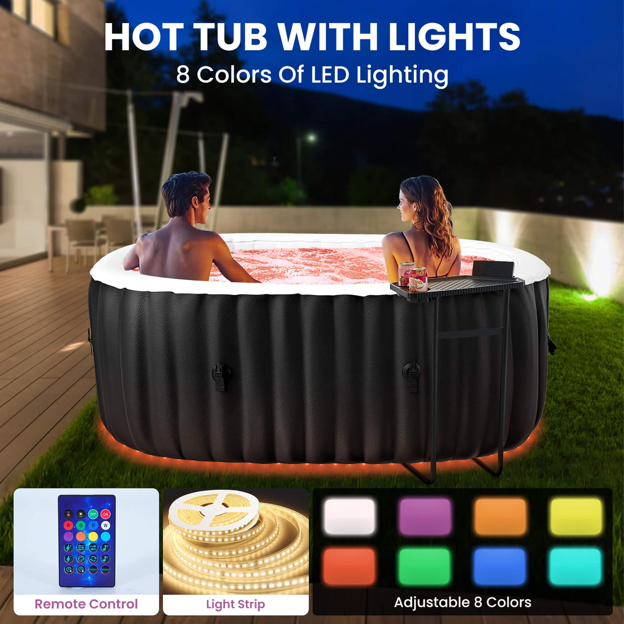 Premium 2-Person Inflatable Hot Tub Kit With 8-Color LED Lights
